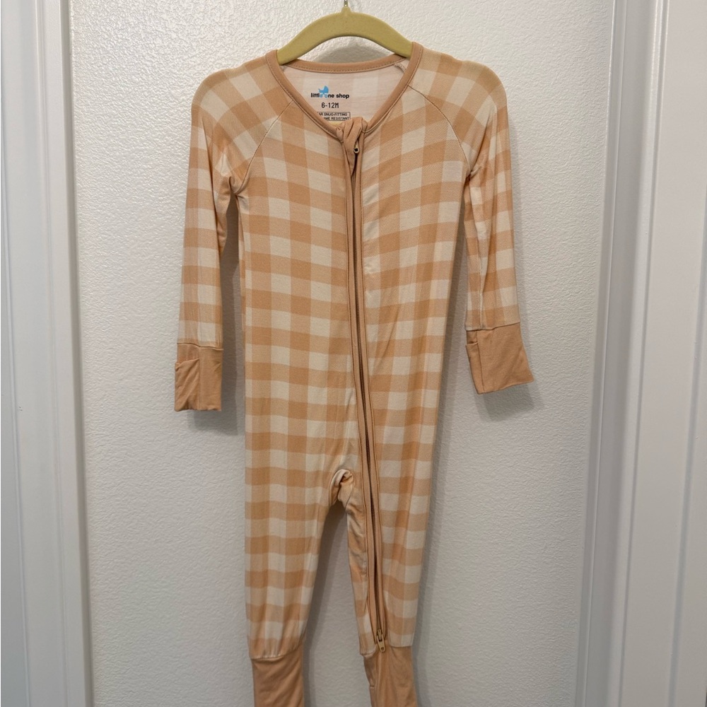 Plaid Little One Shop baby onesie Pajama - Tan and Cream desert plaid color